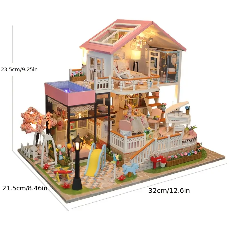 ชุดประกอบโมเดลบ้านสีชมพูขนาดใหญ่ DIY พร้อมเฟอร์