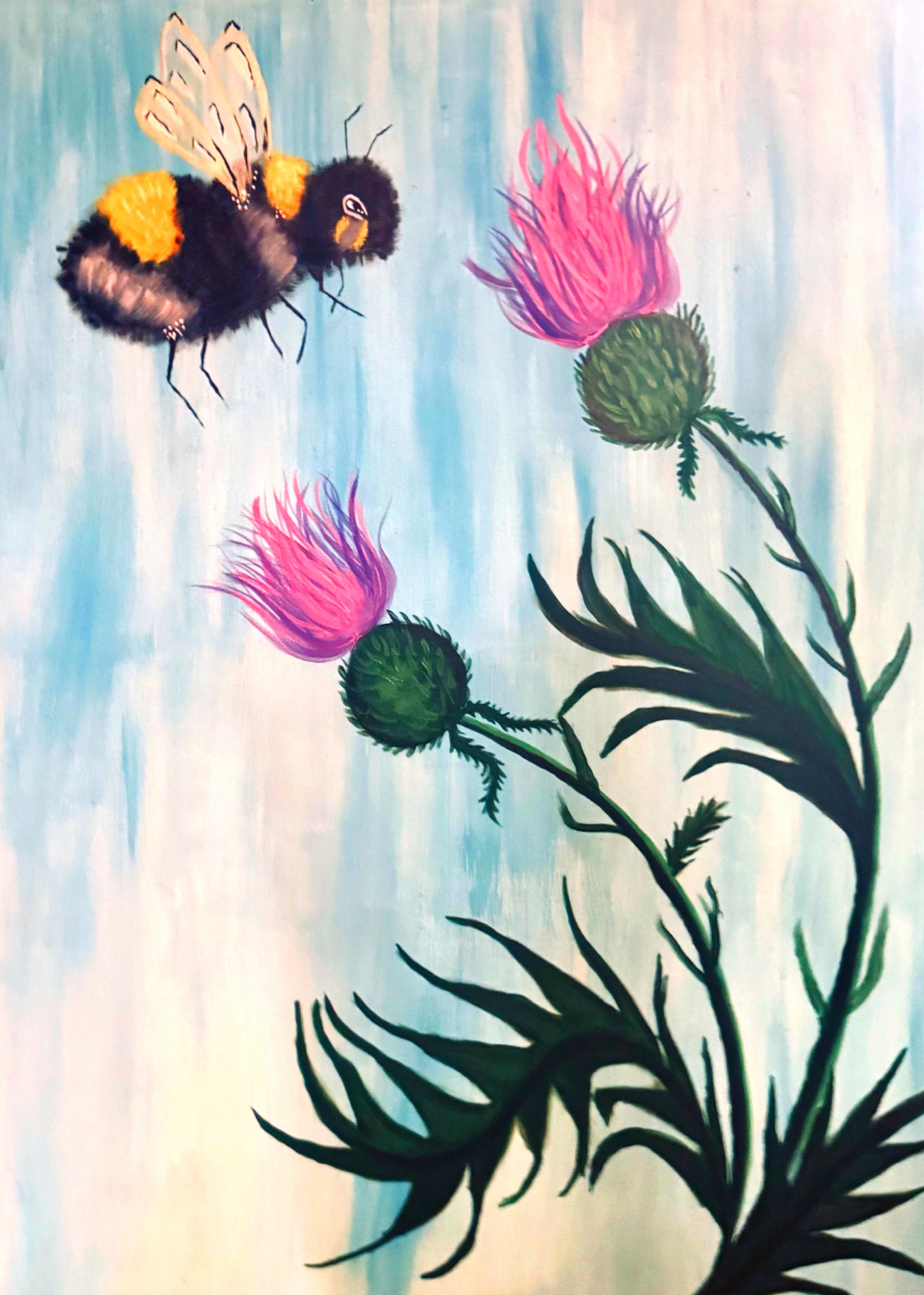 Hand-painted Bumblebee and Thistle Artwork