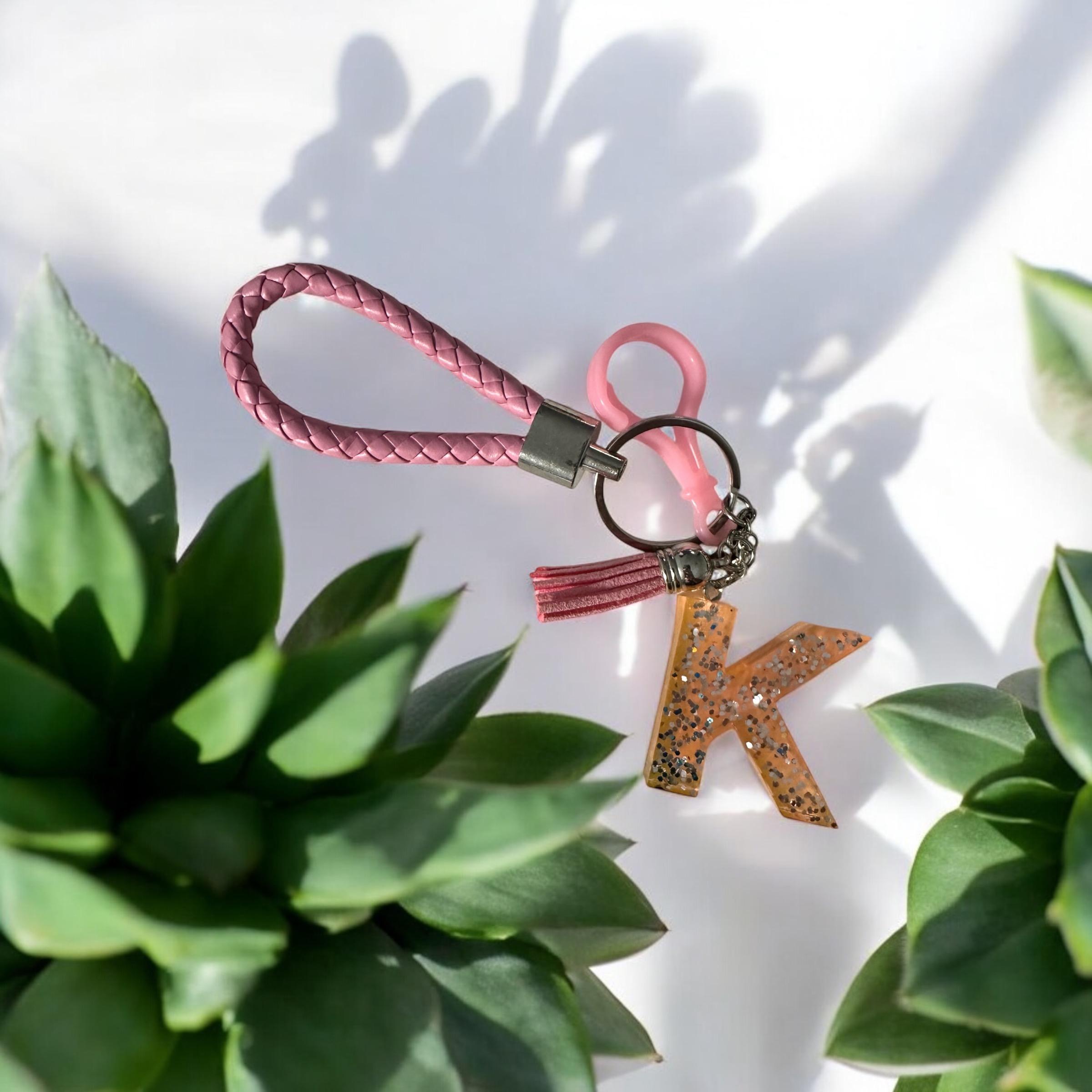 Pink Braided Keychain with Letter K Charm