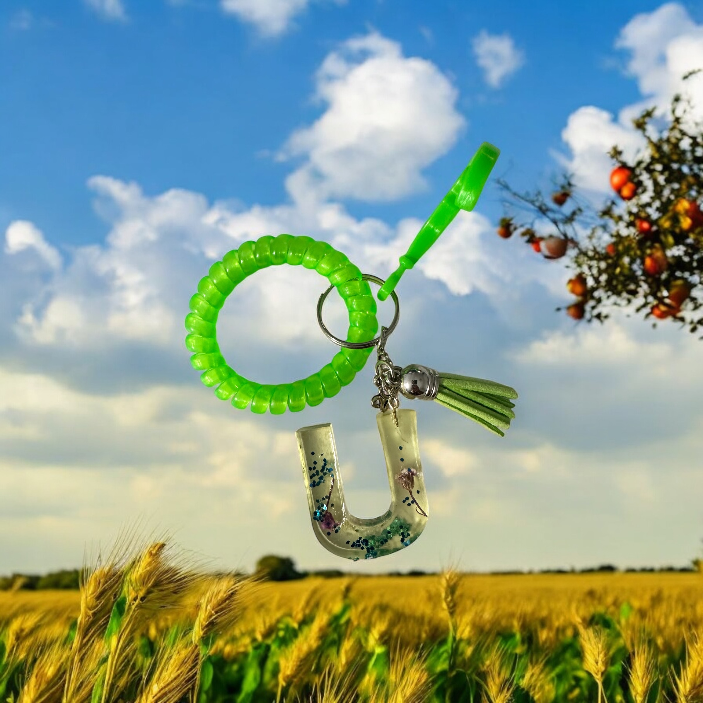 Green Spiral Wrist Keychain with Decorative Letter U