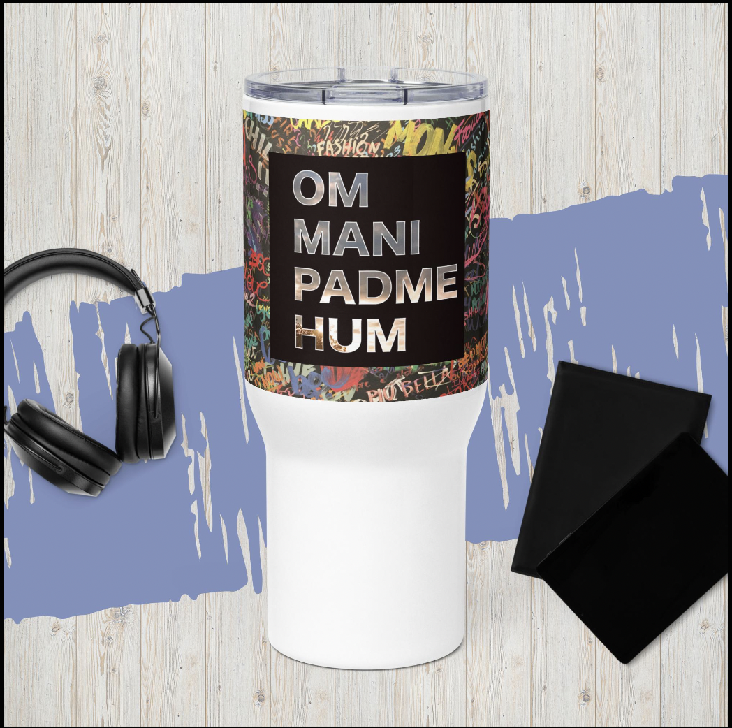 Termo con asa de acero inoxidable | Diseño “OM MANI PADME HUM” – Mantra budista tibetano