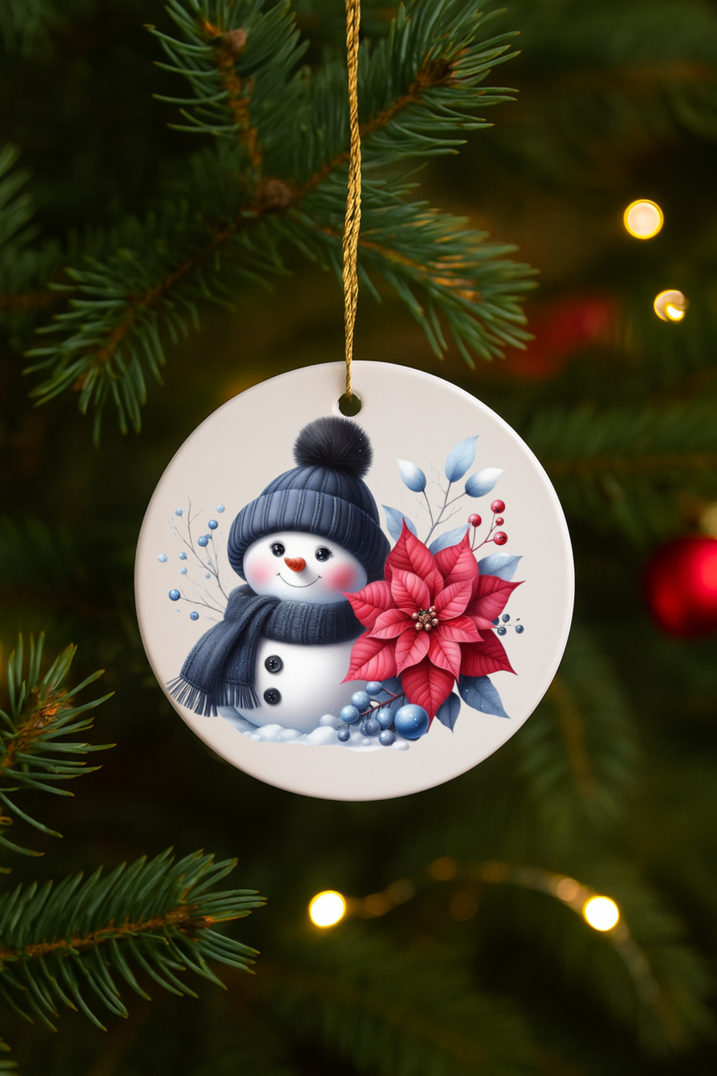 Snowman Poinsettia Christmas Ornament