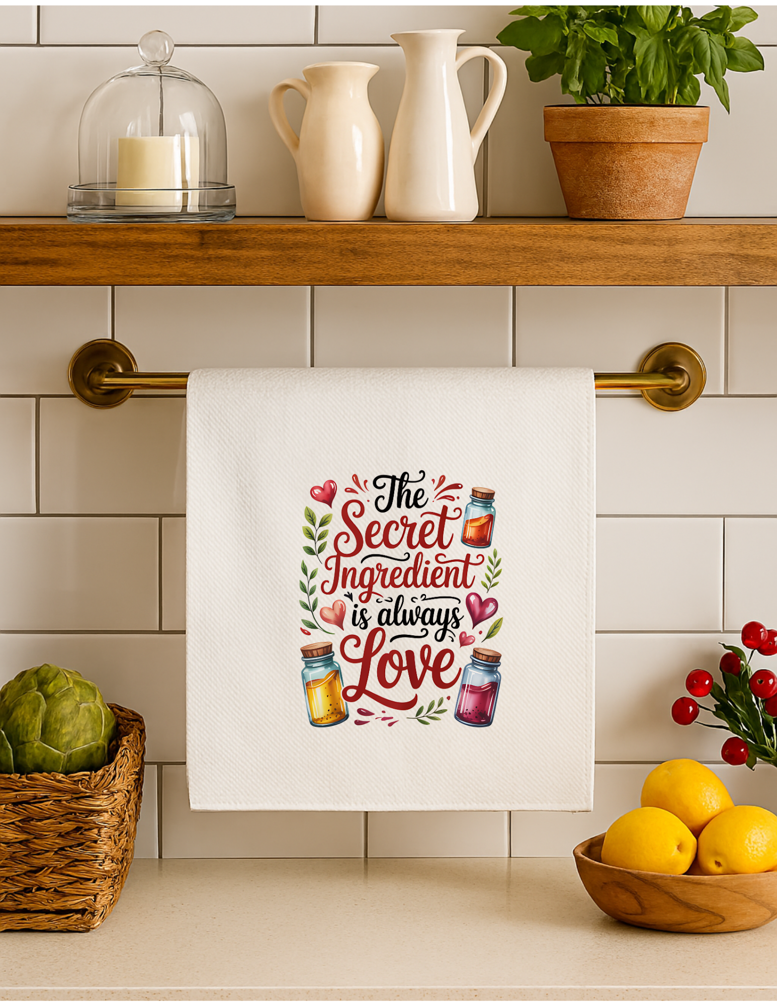 "The secret ingredient is always love" Kitchen Towel