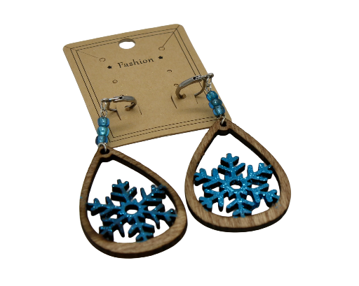 Blue Snowflake Laser-Cut Wooden Earrings