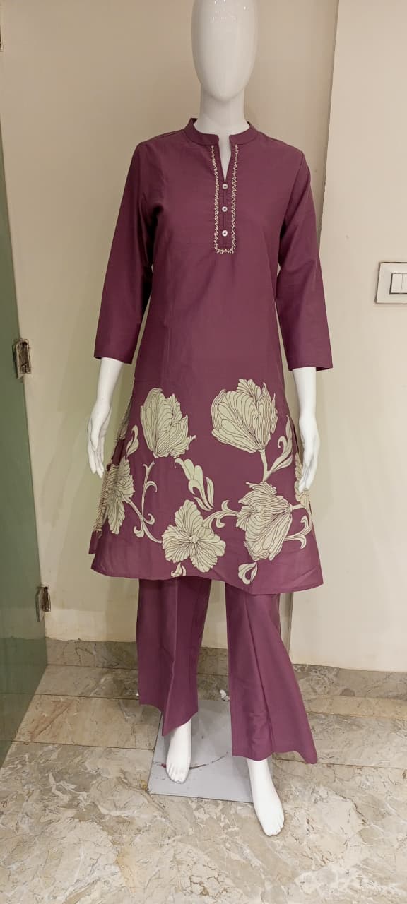 Embroidered Plum Kurta Set