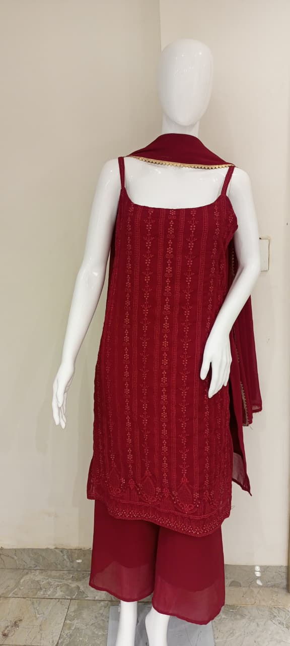 Red Embroidered Chiffon Suit