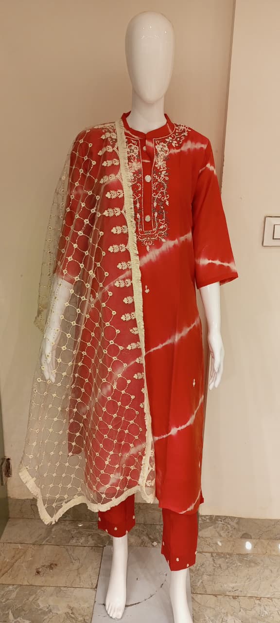Red Tie-Dye Embroidered Kurta Set