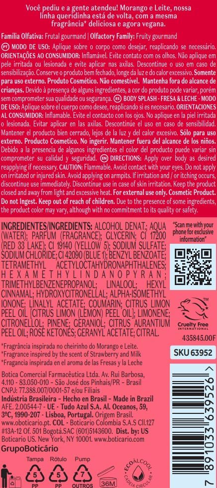 Body Splash Morango e Leite 200ml Cuide-se Bem
