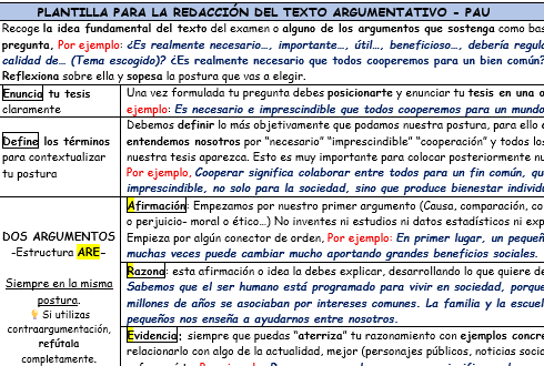 Plantilla para la redacción de texto argumentativo Especial PAU