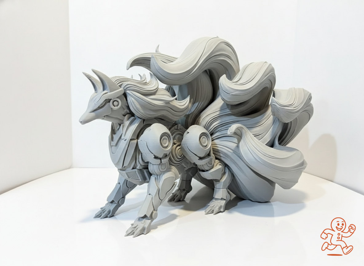 Ninetales Mecha — Estatua 3D con armadura futurista
