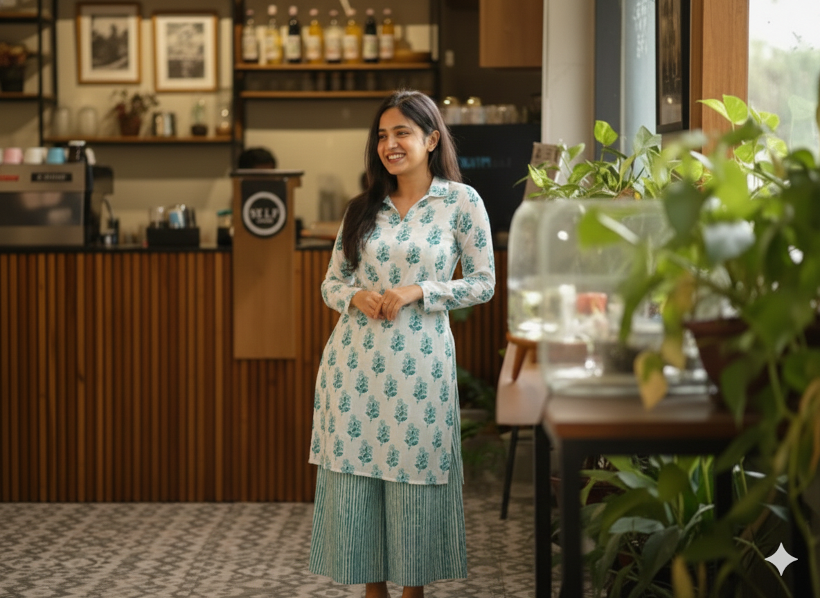 1024 - Casual Chic: Hand-Block Cotton Kurti & Palazzo Set