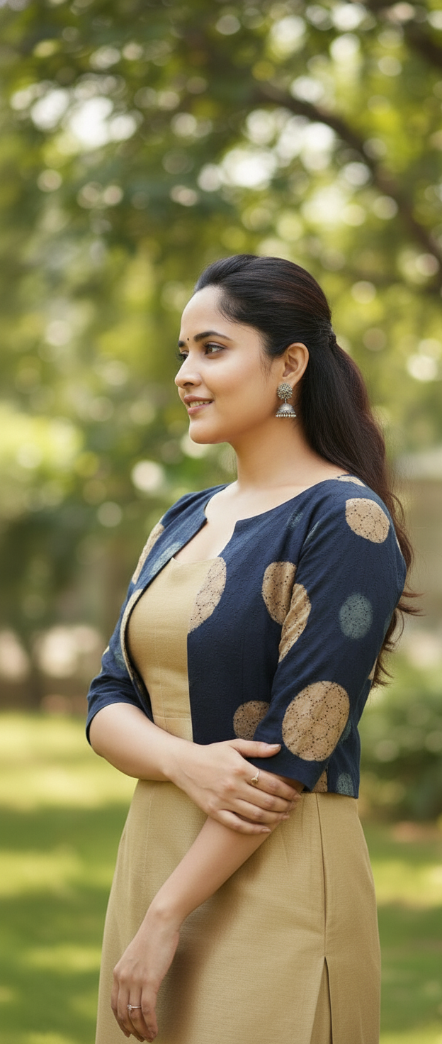 Elegant Beige Dress with Navy Blue Floral Jacket