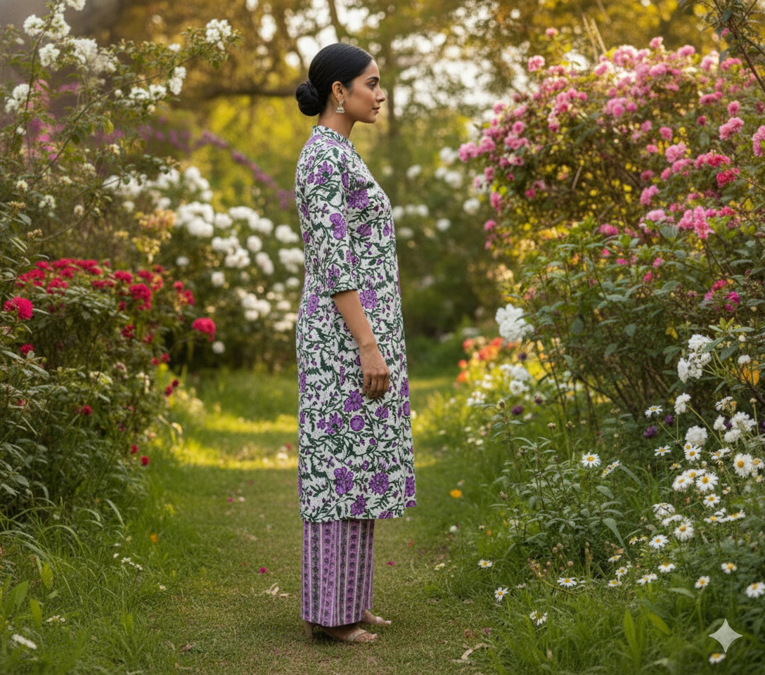 1025 - Summer Bloom Purple Floral Cotton Kurti & Palazzo Set