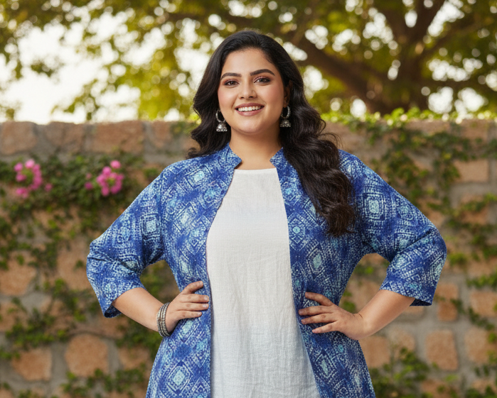 Blue Printed Long Shrug with White Kurta Set