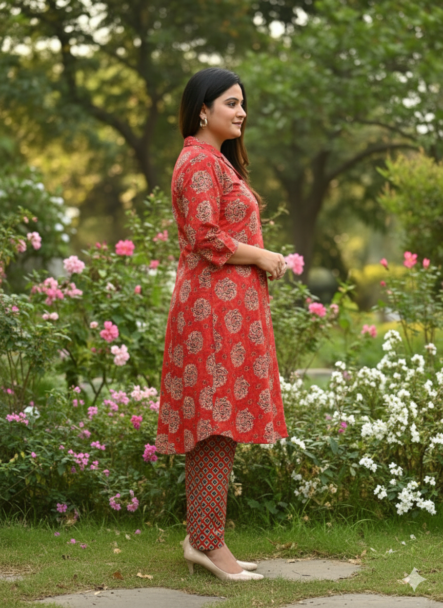1027 - Elegant Red Block Print Cotton Kurti & Pant Set