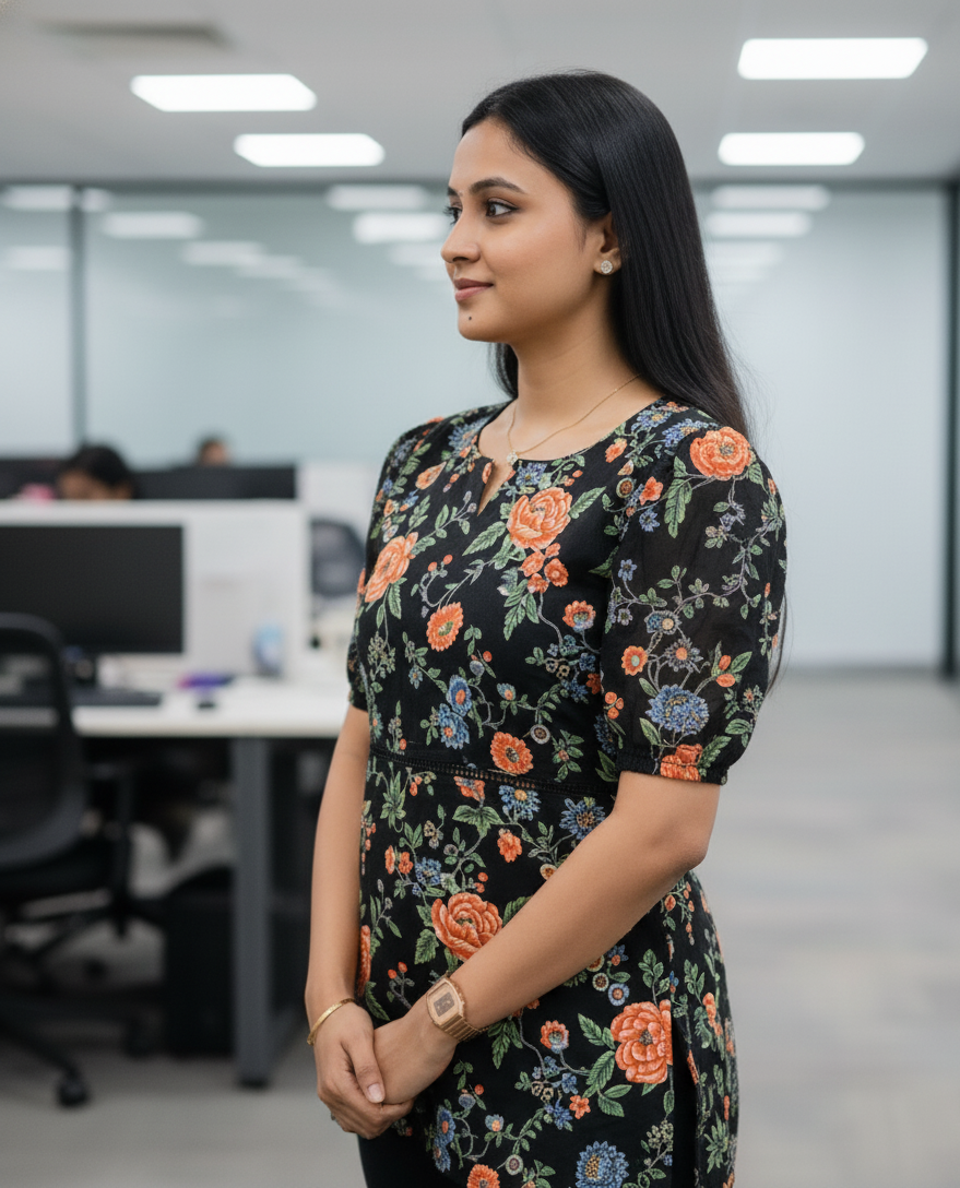 Floral Print Black Tunic Top