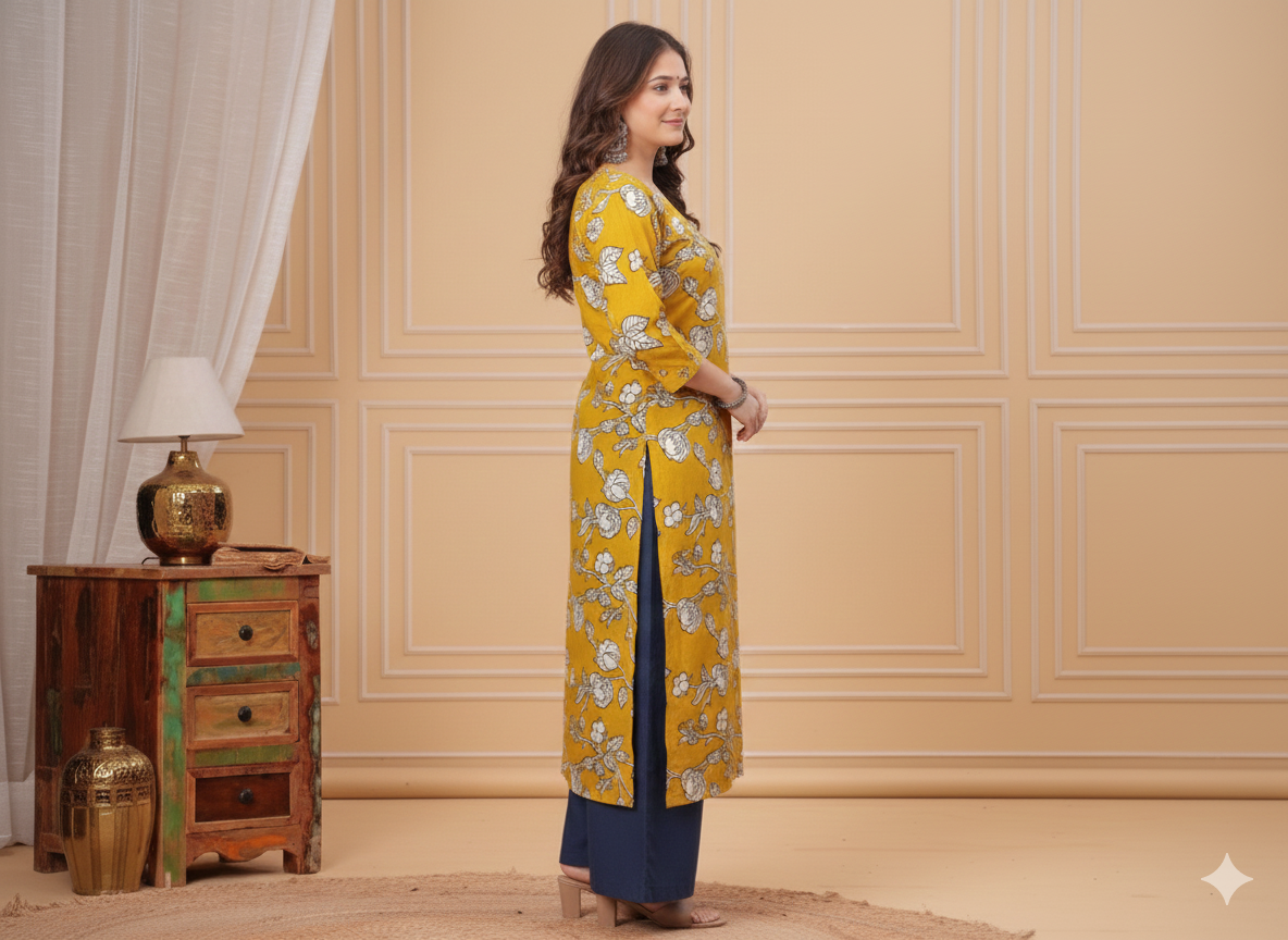 1019 - The Mustered Bloom Cotton Kurta Set