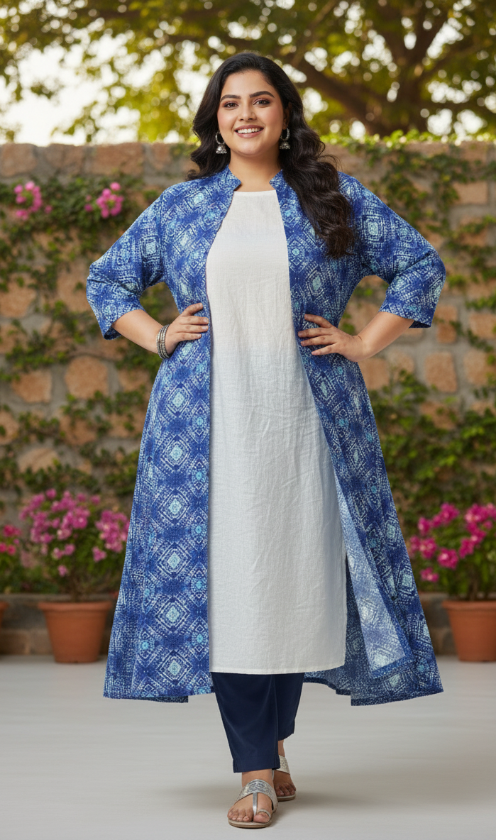 Blue Printed Long Shrug with White Kurta Set