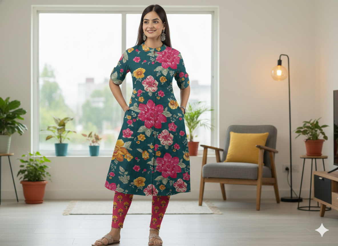 1017 - The Peacock Garden A-Line Kurta (Top Only)