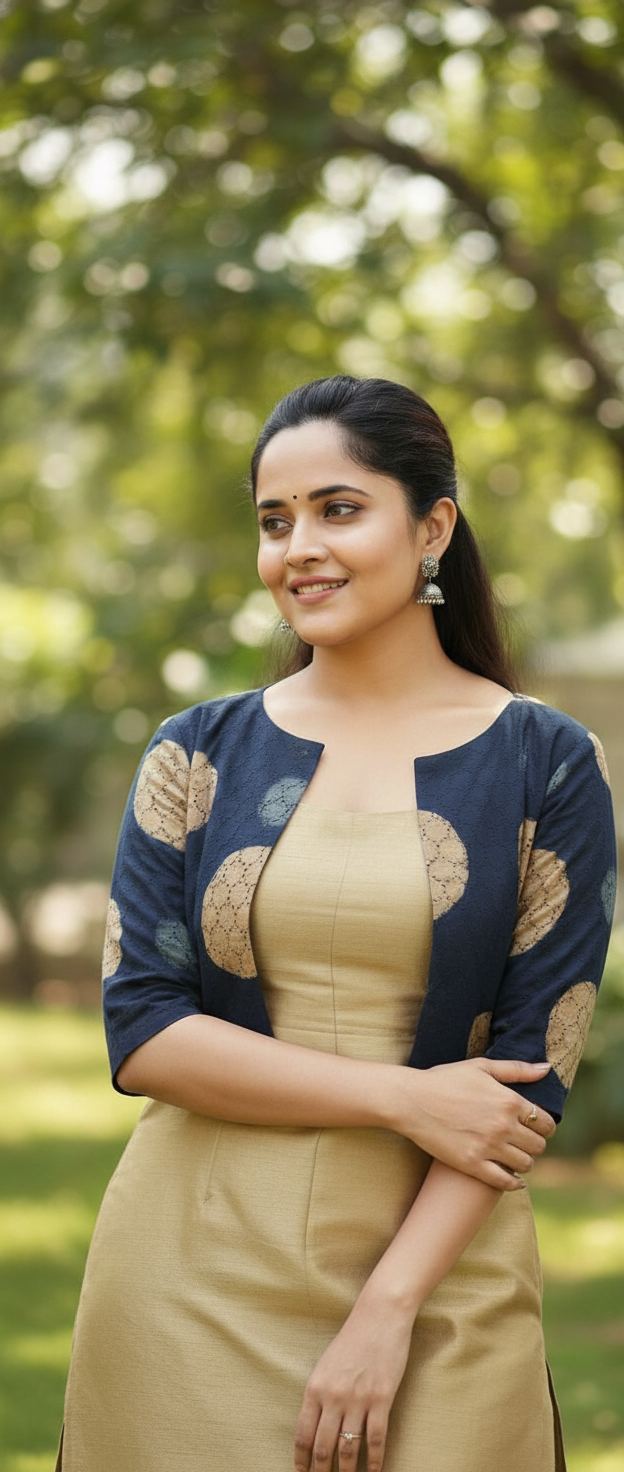 Elegant Beige Dress with Navy Blue Floral Jacket