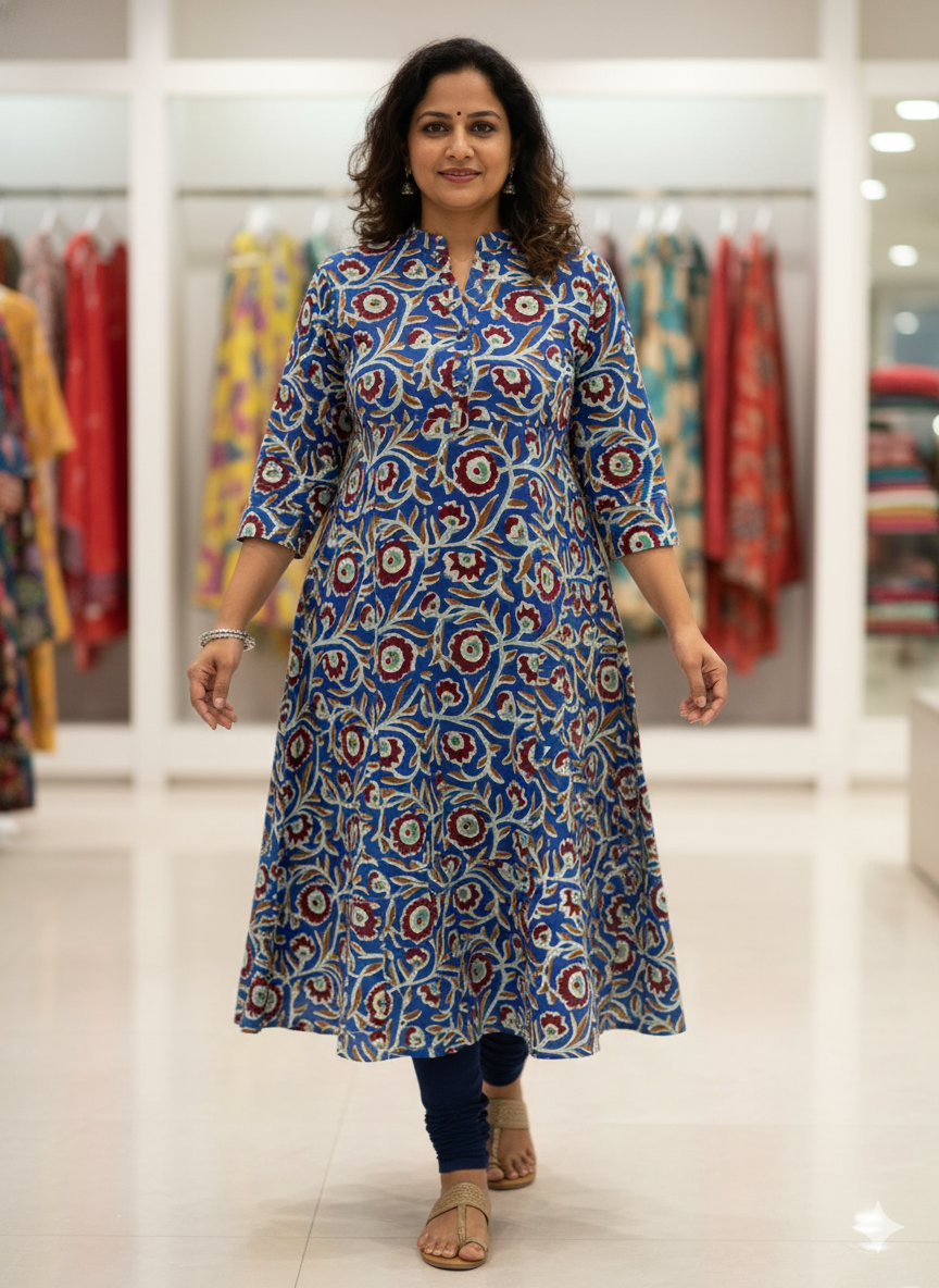 Blue Printed A-Line Kurti