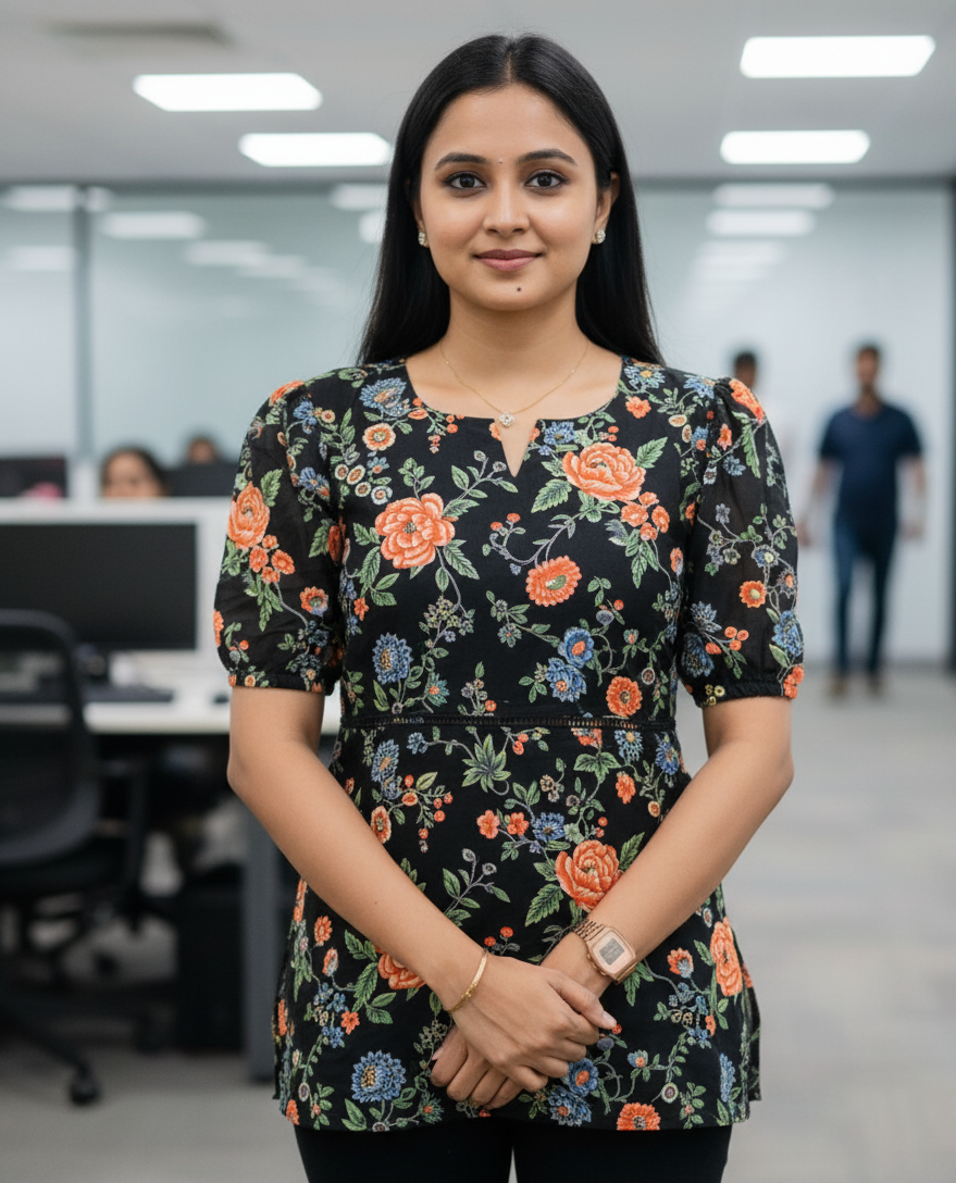 Floral Print Black Tunic Top