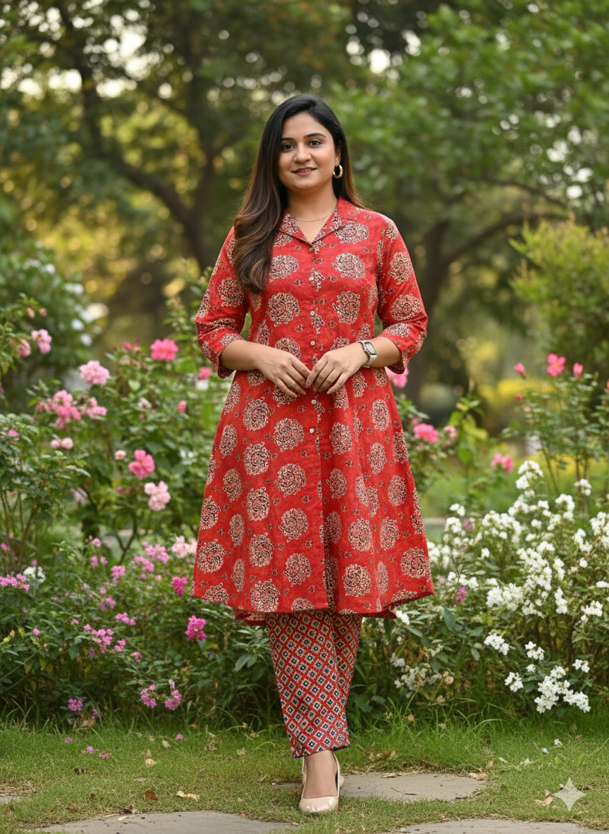 1027 - Elegant Red Block Print Cotton Kurti & Pant Set