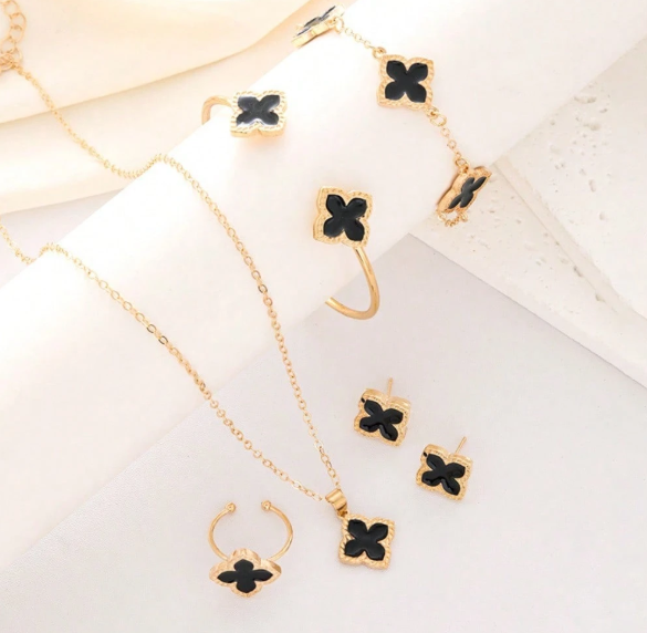 Gold Plated Black Flower Jewelry Set