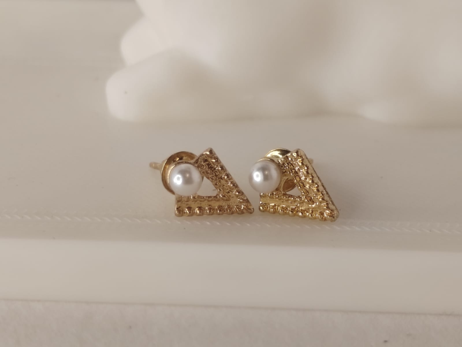 Gold Triangle Pearl Stud Earrings