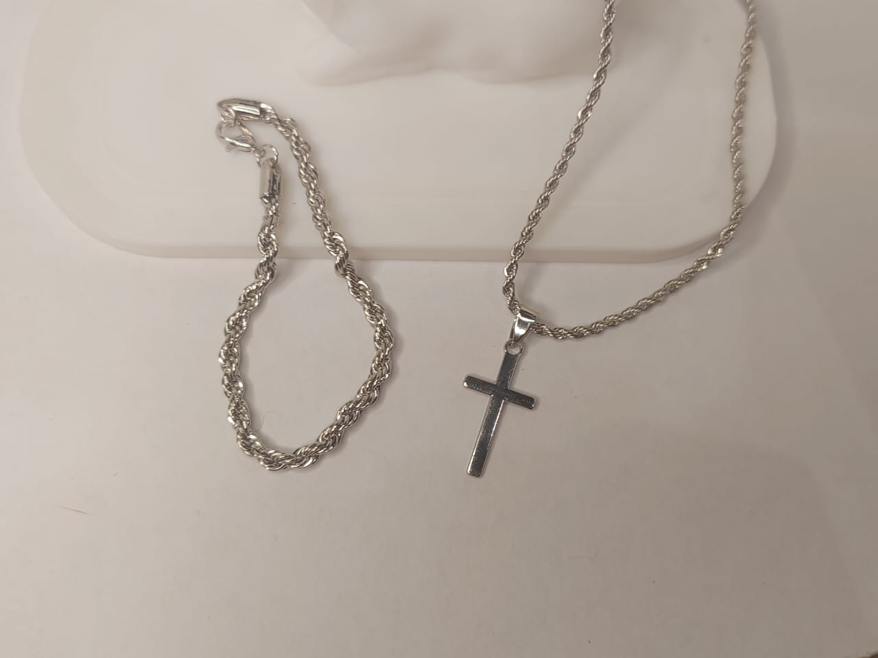 Silver Cross Necklace and Rope Chain Bracelet Set