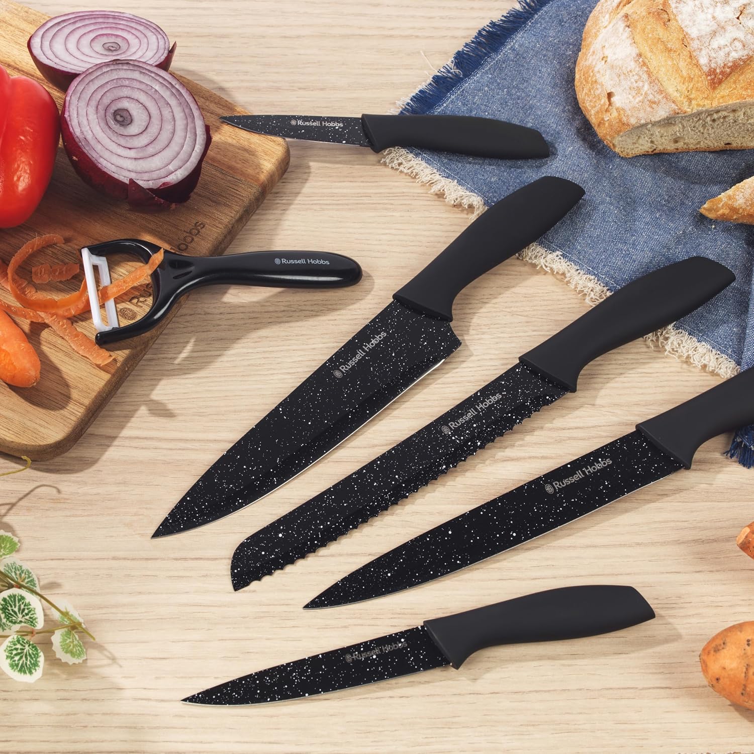 Russell Hobbs Black Marble Knife & Peeler Set, 6 Piece