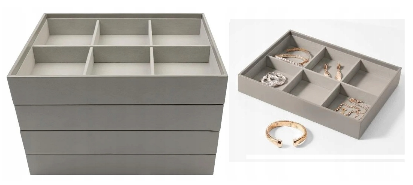 Velvet jewelry box for necklaces and earrings, 6 compartments