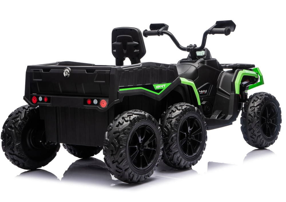 Vaikiškas triratis-keturratis elektromobilis 24V su priekaba (6 ratai, 4x4) (Žalias)