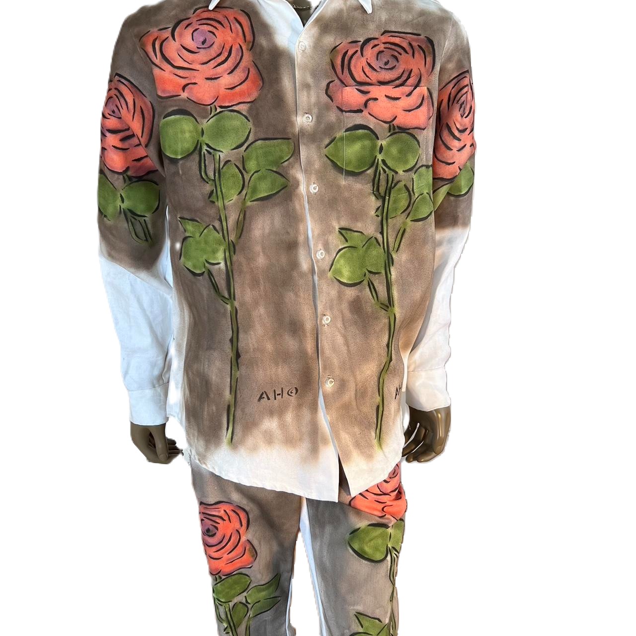 Hand-Painted Rose Shirt and Pants Set