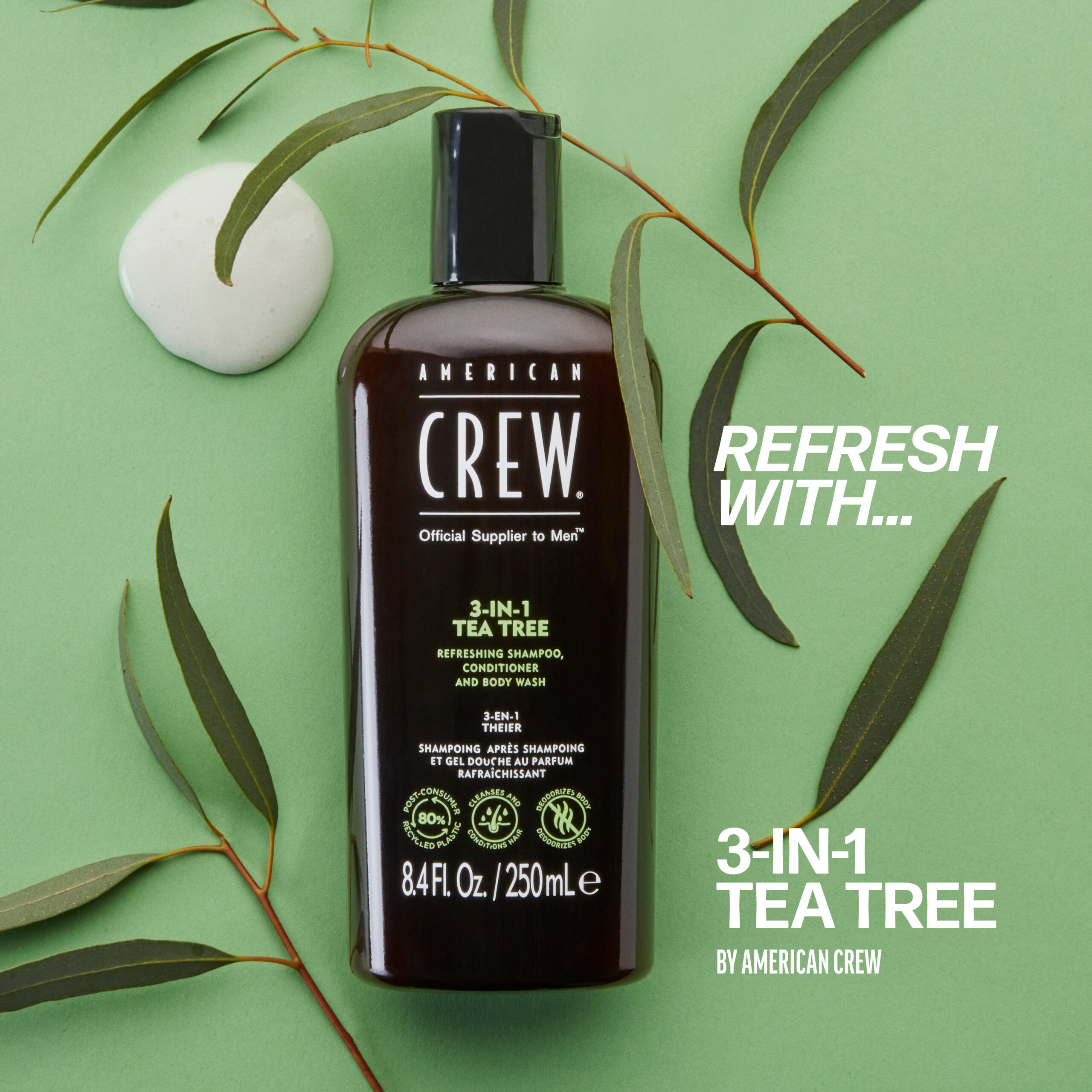 AMERICAN CREW™ 3-IN-1 TEA TREE šampūnas, kondicionierius ir dušo želė viename