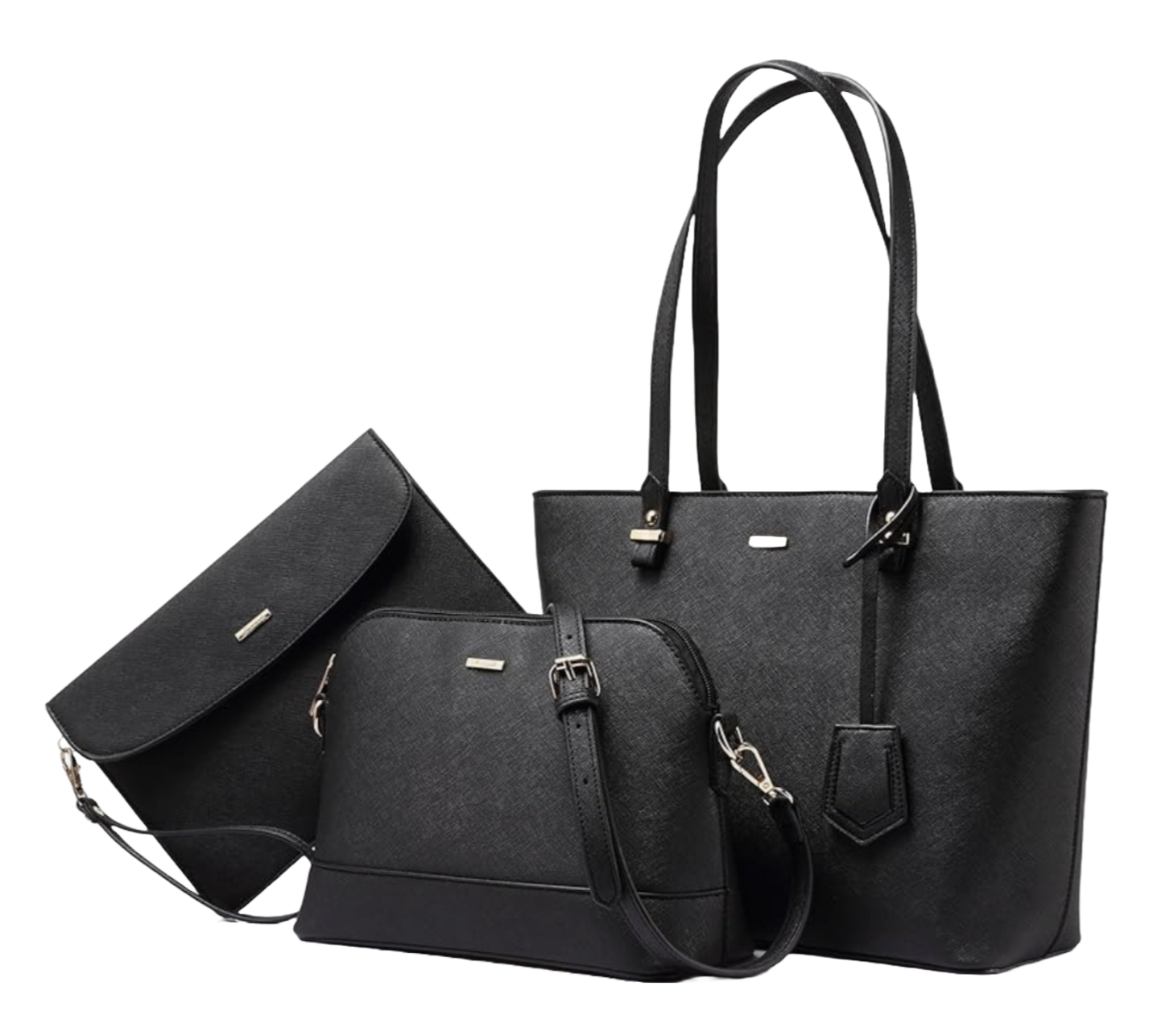 Women’s 3-Piece Black Handbag Set – Tote Shoulder Bag, Crossbody Purse & Wristlet Wallet | Vegan Leather Zipper Bags