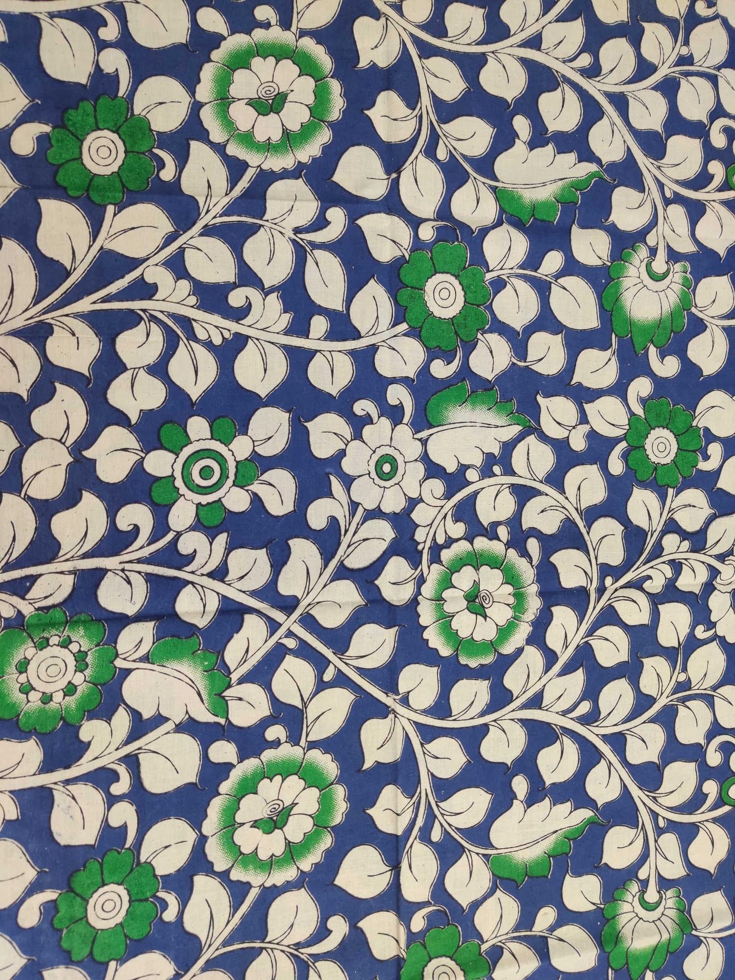 Kalamkari Blouse Fabric – Royal Blue Base with Green & White Floral Print