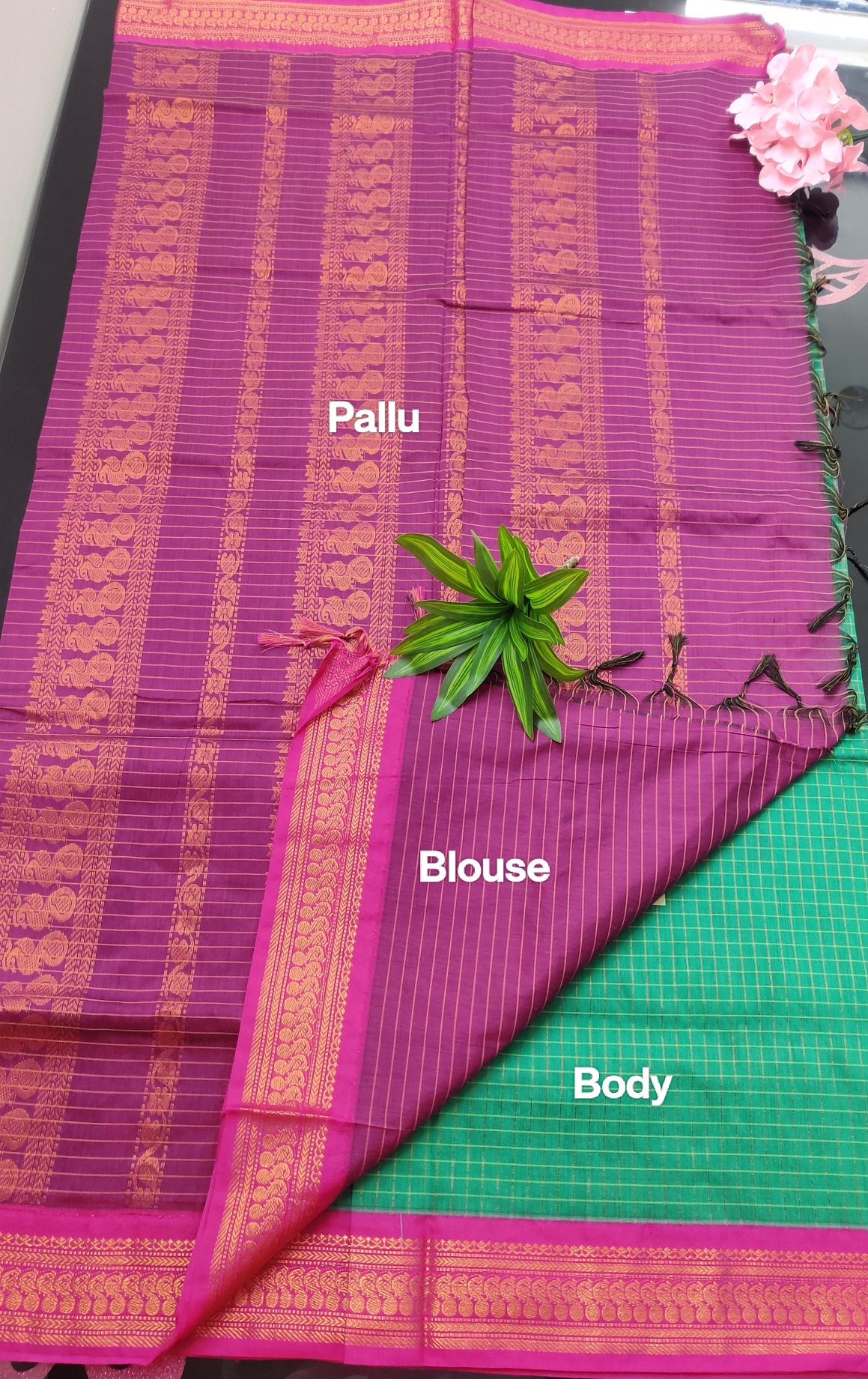 Gadwal Cotton Saree – Emerald Green Checks with Royal Purple Zari Border & Contrast Pallu