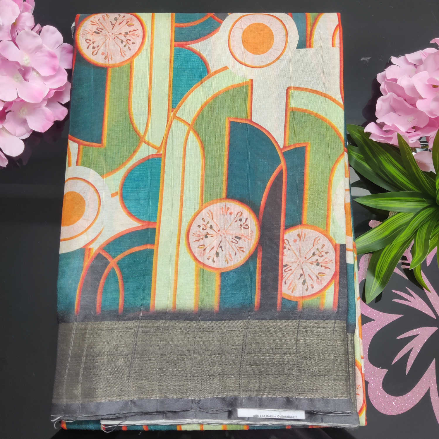 Kundali Dola / Tassar Silk Saree – Abstract Teal & Citrus Motif Elegance