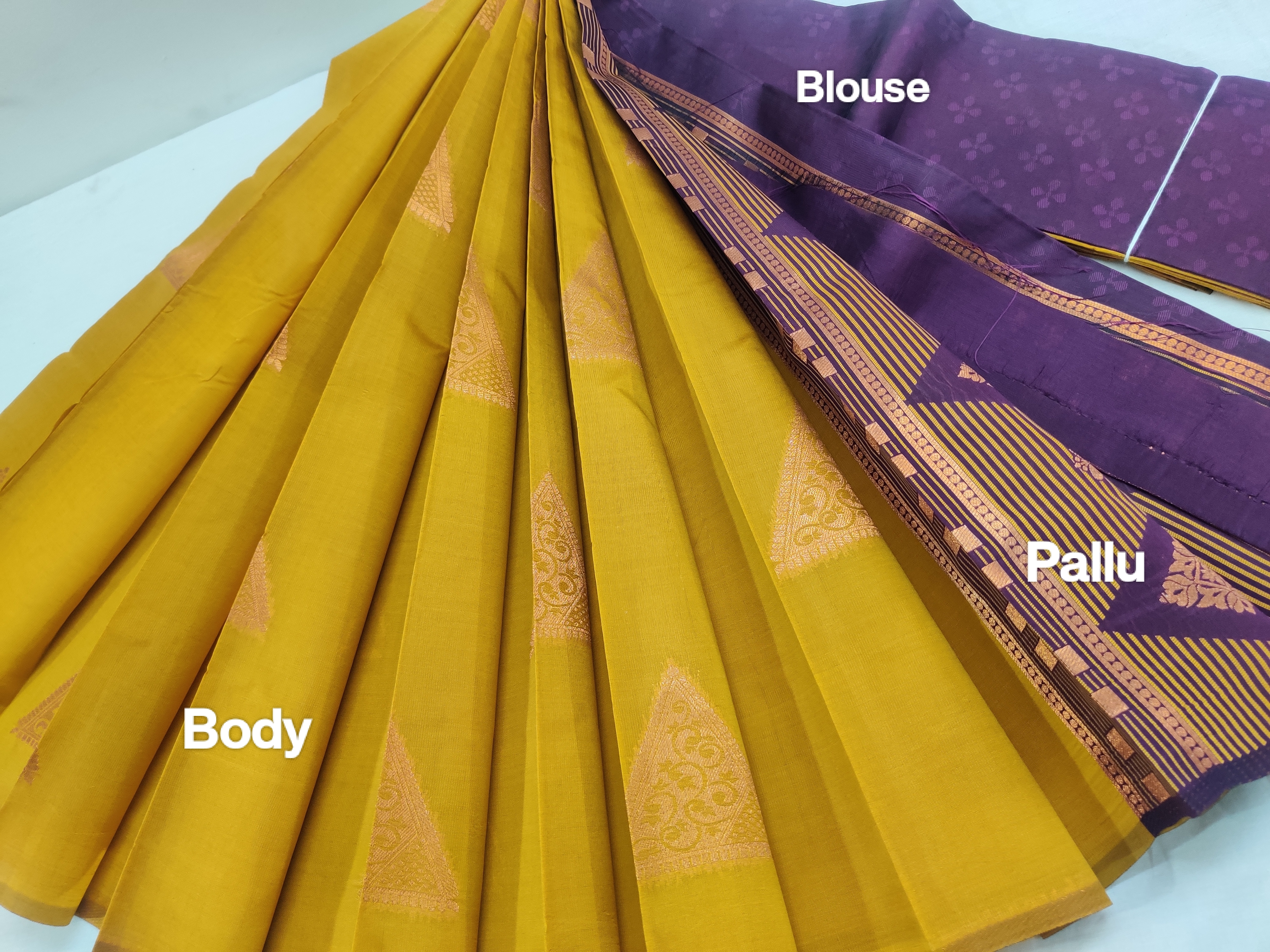 Mustard Yellow Semi Soft Silk Saree with Purple Contrast Pallu & Blouse