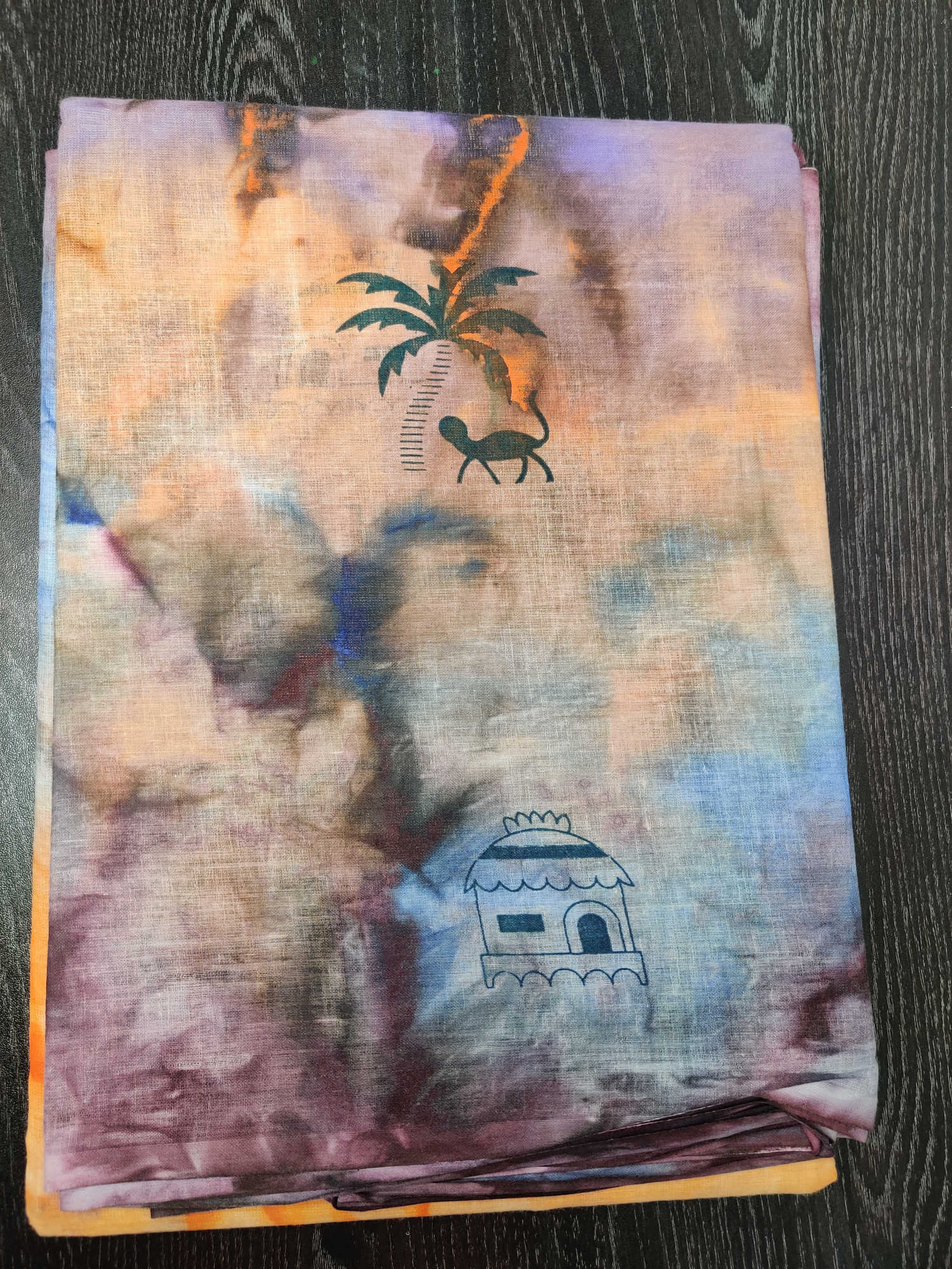 Pure Cotton Multicolour Abstract Tie-Dye Saree with Tribal Palm & Hut Motifs