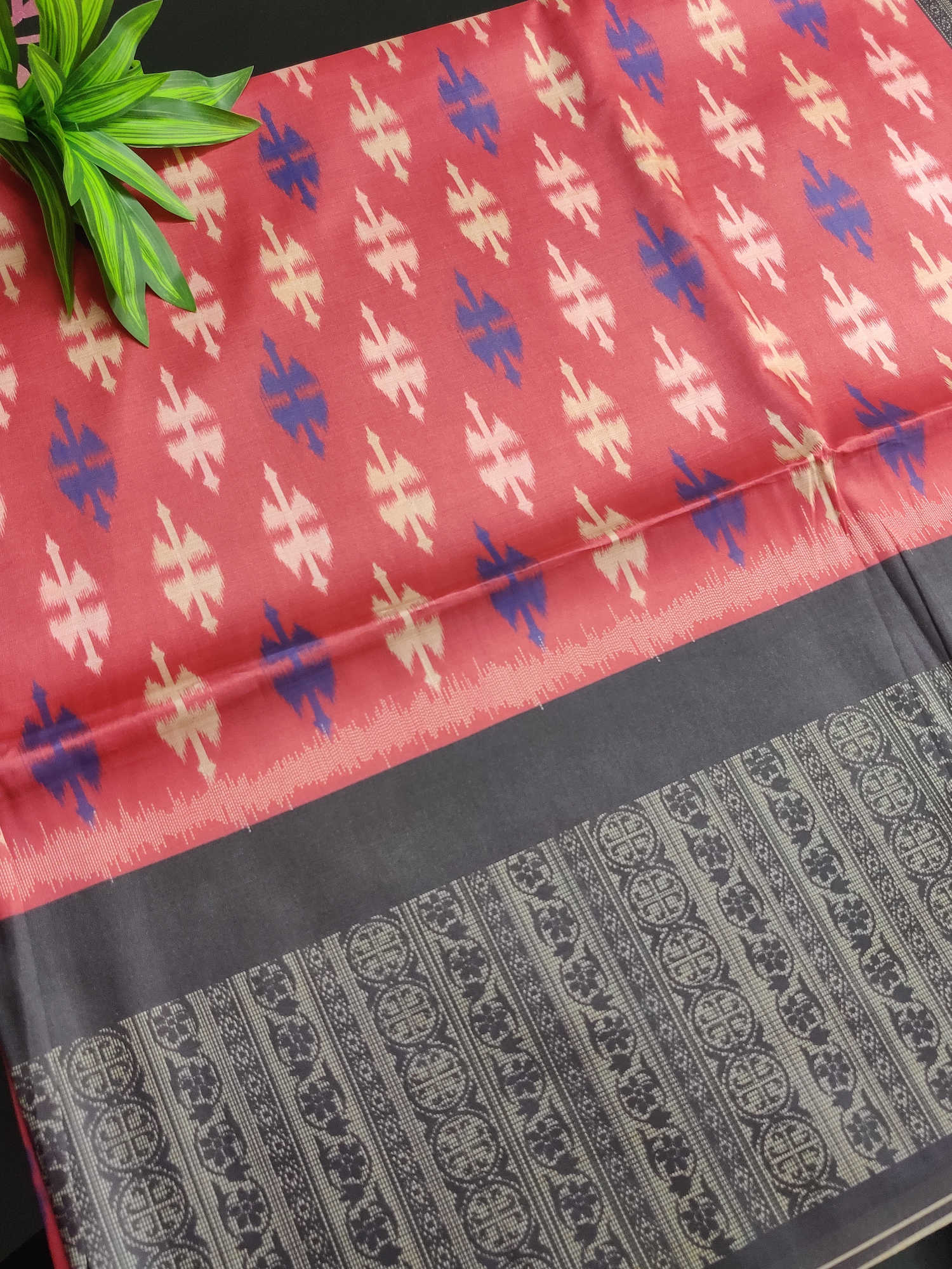 Pink Ikat Motif Semi Tassur Silk Saree with Dual-Tone Grey Woven Border & Matching Blouse