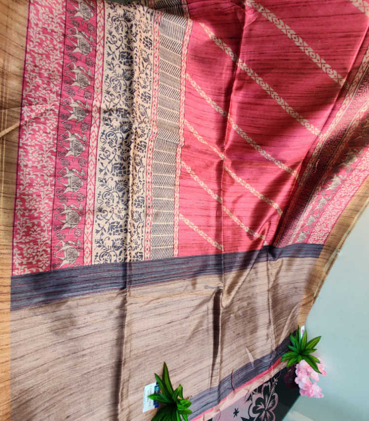 Daily Wear Fancy Saree – Rose Pink Body with Beige & Grey Traditional Printed Border