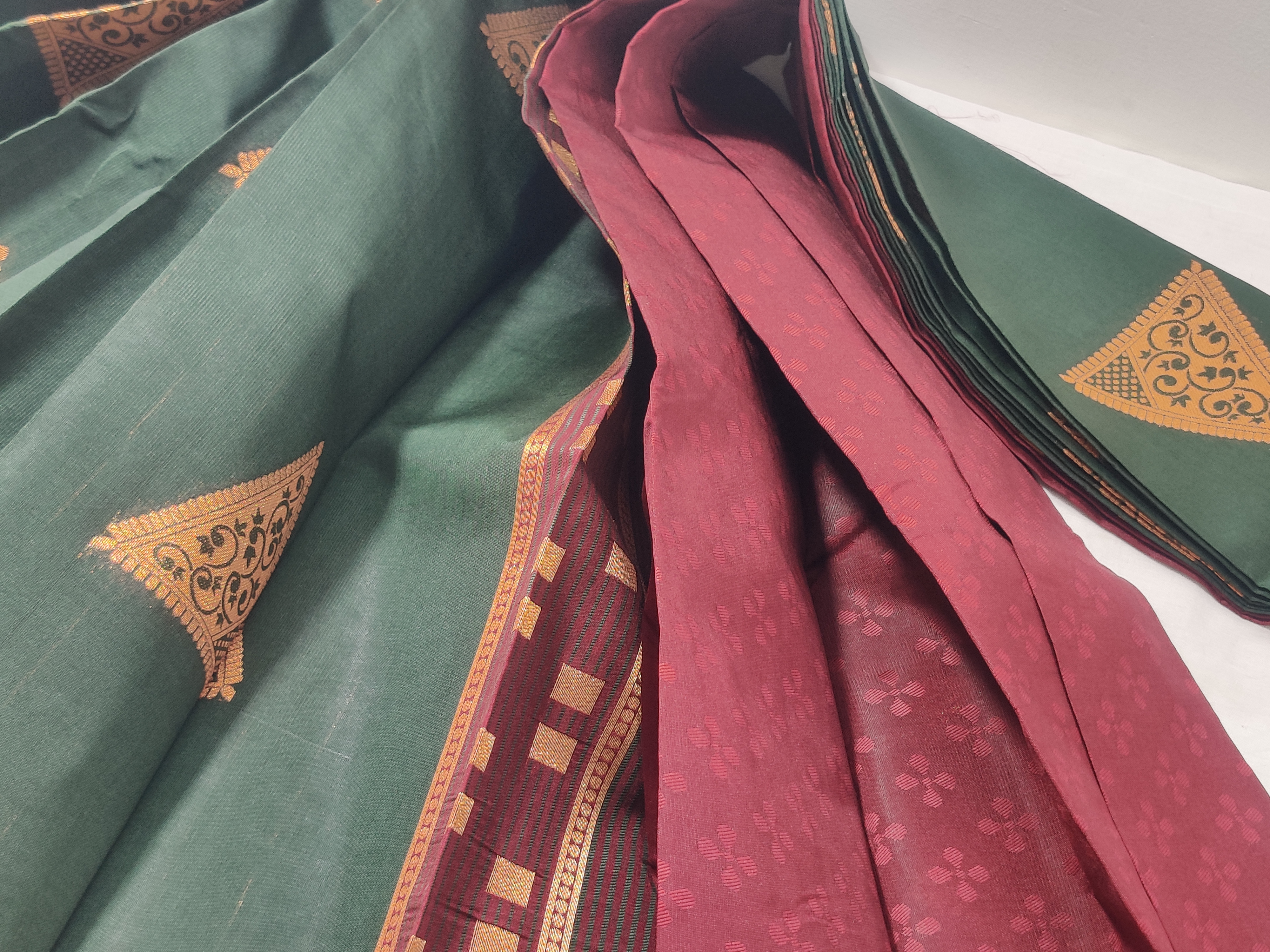 Bottle Green & Maroon Semi Soft Silk Saree with Copper Zari Detailing