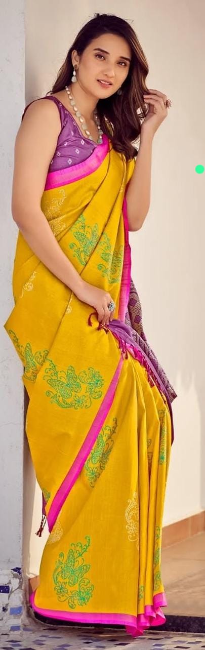 Semi Tussar Silk Saree – Mustard Yellow Body with Green Paisley Prints & Rani Pink Border