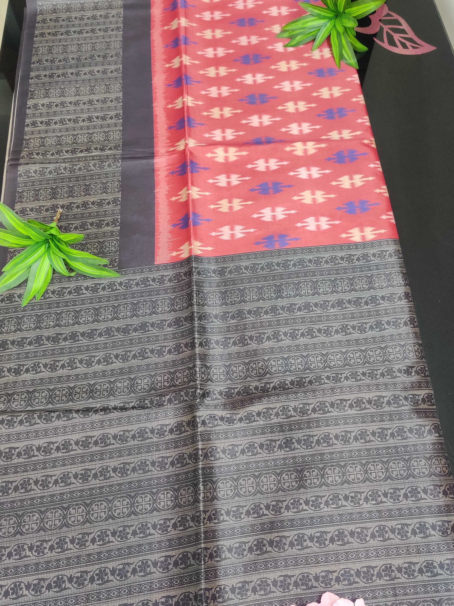 Pink Ikat Motif Semi Tassur Silk Saree with Dual-Tone Grey Woven Border & Matching Blouse