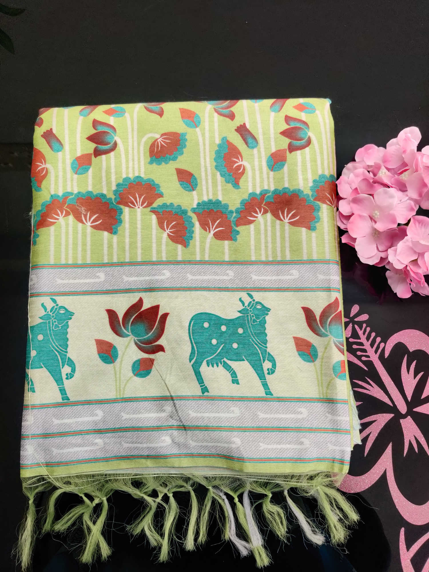 Daily Wear Fancy Saree – Light Green & Aqua Body with Traditional Cow & Floral Printed Pallu