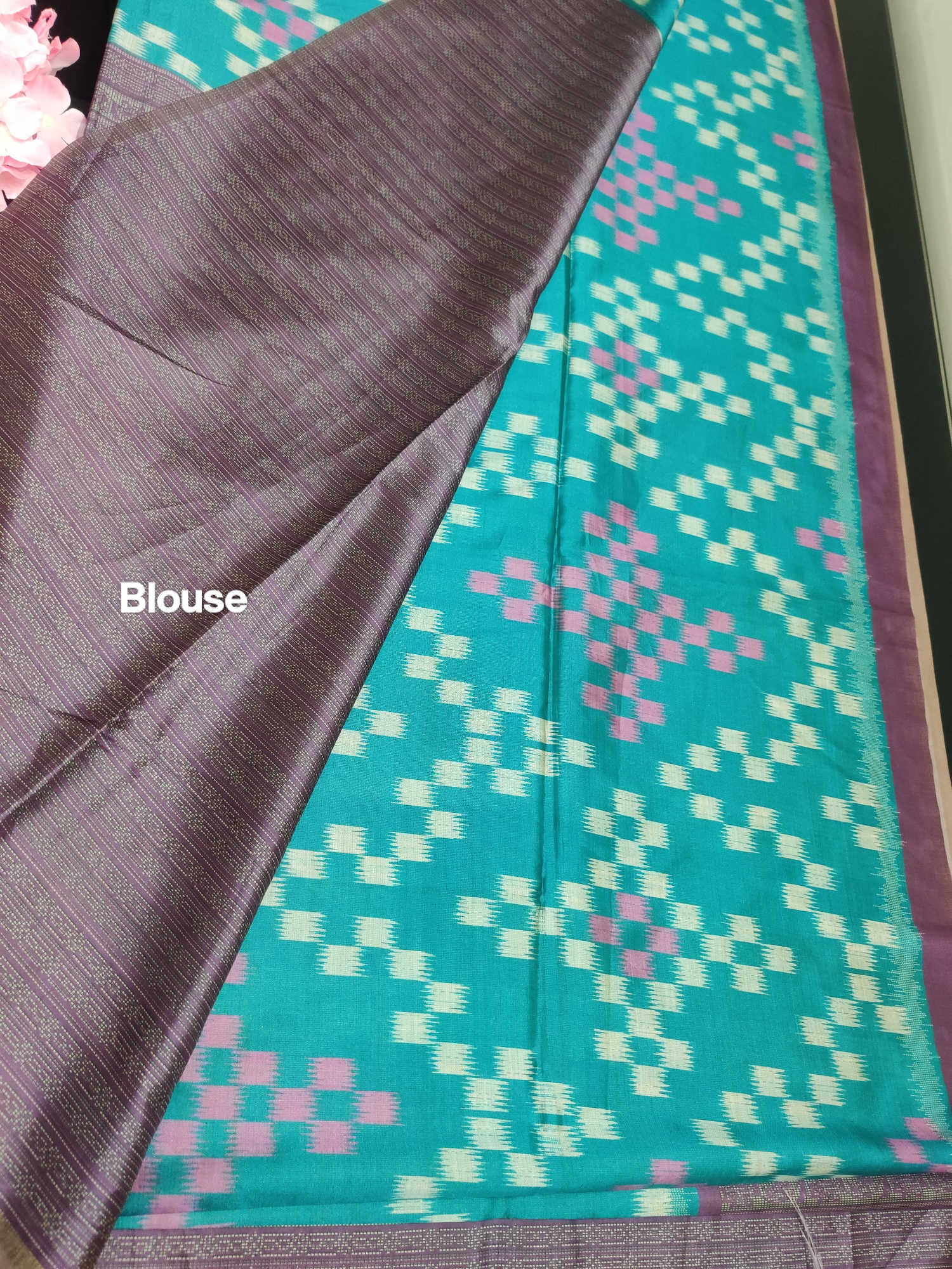 Teal Ikat Weave Semi Tassur Silk Saree with Contrast Purple Big Border & Matching Blouse