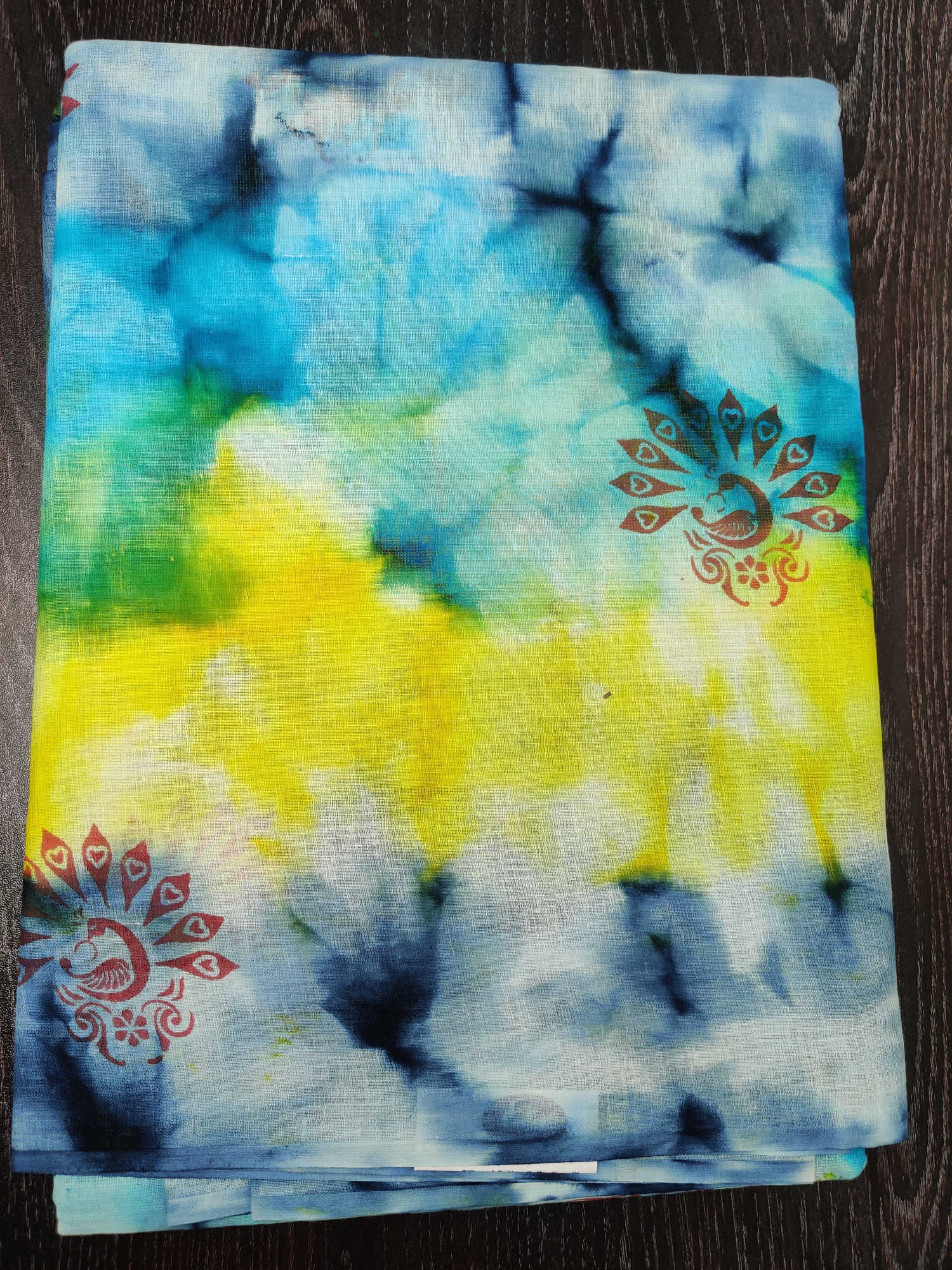 Pure Cotton Peacock Motif Saree – Blue, Yellow & Sea-Green Tie-Dye Shades