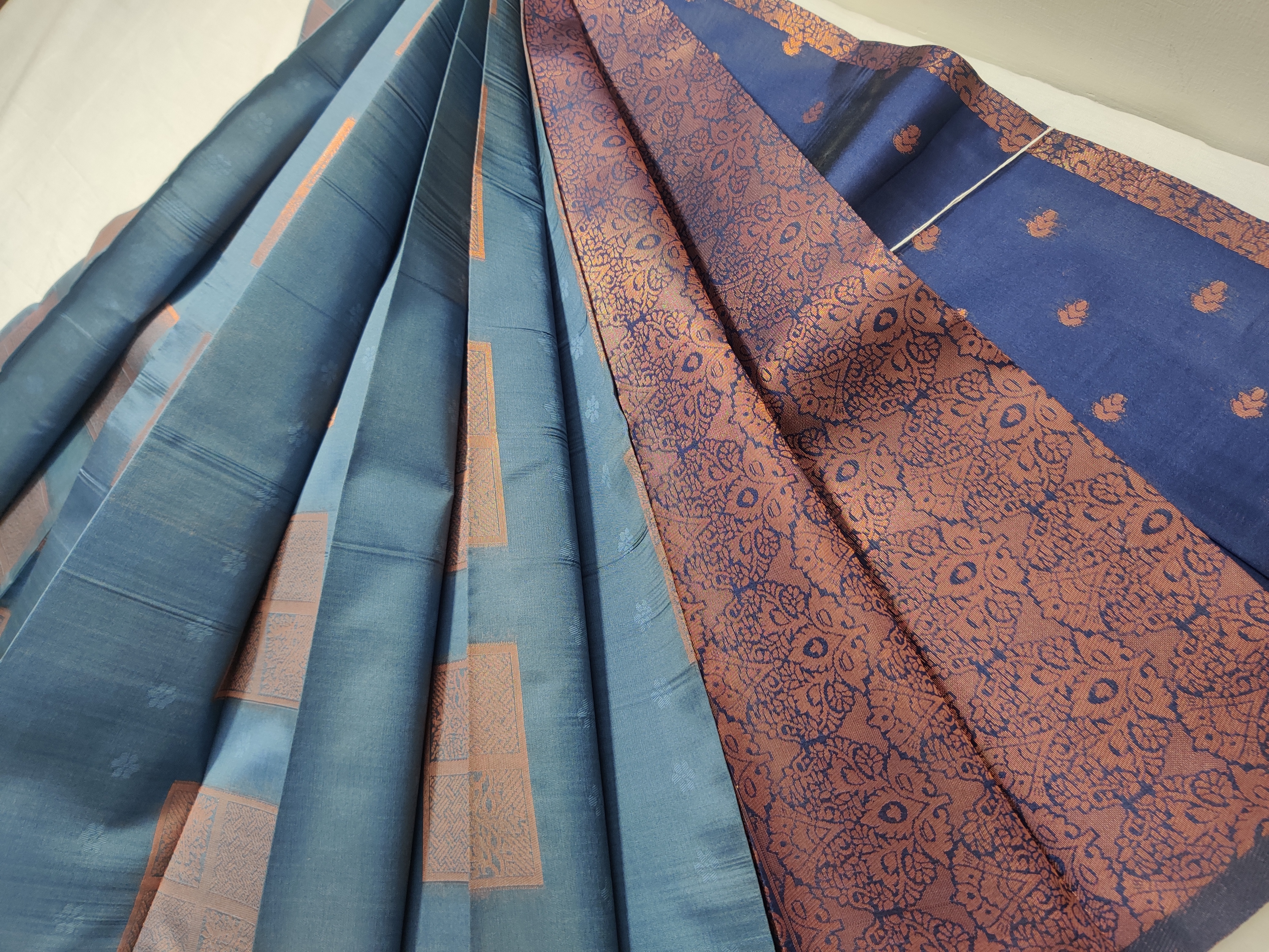 Dual Blue Semi Soft Silk Saree with Copper Zari Pallu